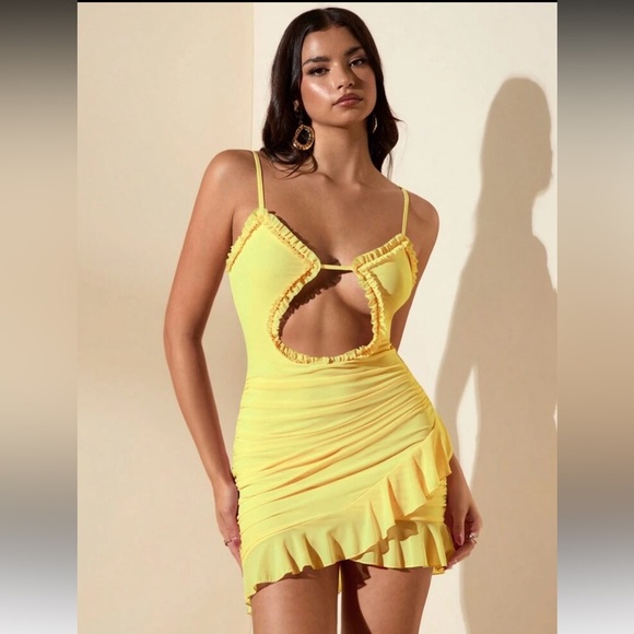 Yellow Ruffled Cutout mini Dress | size S | NWT - Picture 7 of 8
